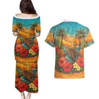 Hawaiian Turtles on Beach Couples Matching Puletasi and Hawaiian Shirt with Pineapple Tropical Plant and Lei LT03 - Polynesian Pride