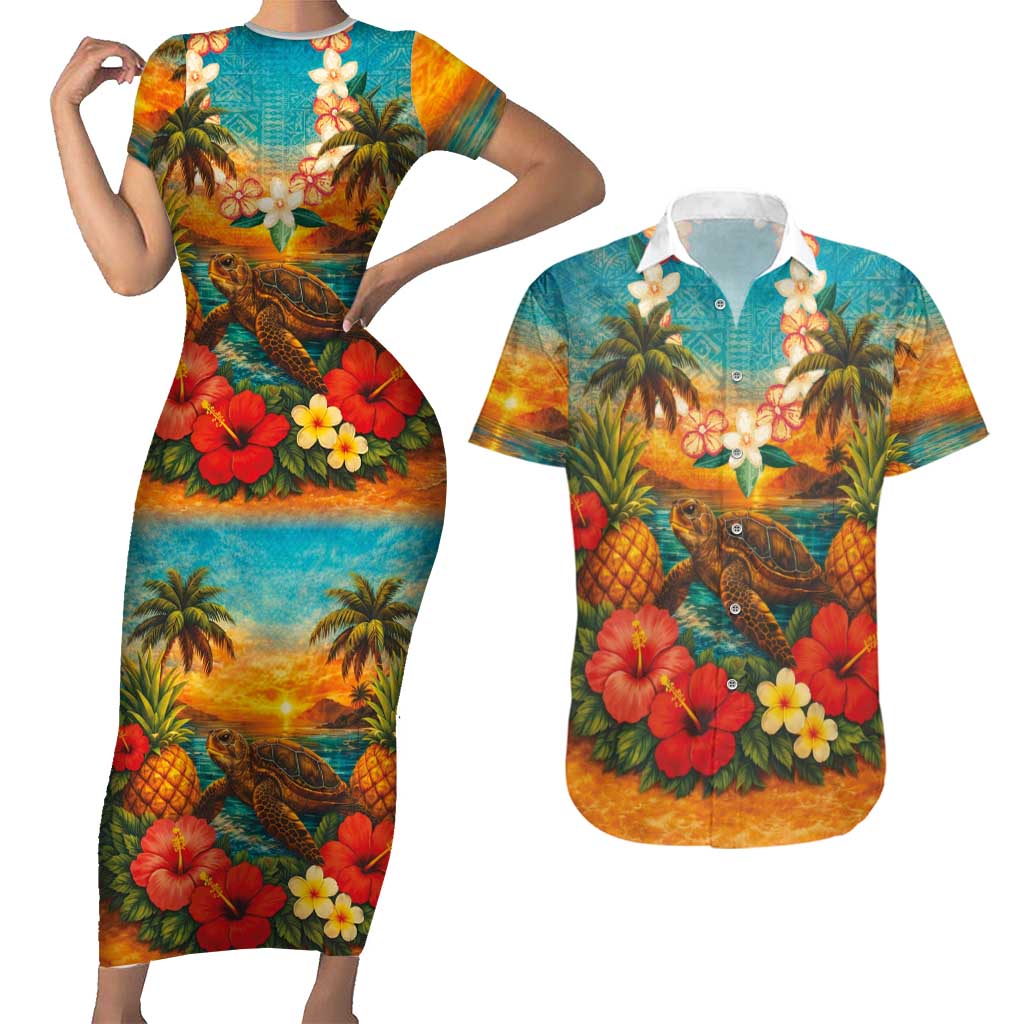 Hawaiian Turtles on Beach Couples Matching Short Sleeve Bodycon Dress and Hawaiian Shirt with Pineapple Tropical Plant and Lei LT03 Multicolor - Polynesian Pride