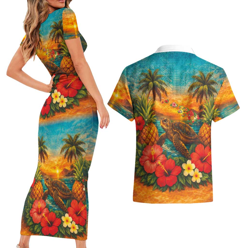 Hawaiian Turtles on Beach Couples Matching Short Sleeve Bodycon Dress and Hawaiian Shirt with Pineapple Tropical Plant and Lei LT03 - Polynesian Pride