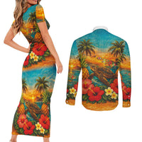 Hawaiian Turtles on Beach Couples Matching Short Sleeve Bodycon Dress and Long Sleeve Button Shirt with Pineapple Tropical Plant and Lei LT03 - Polynesian Pride