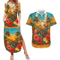 Hawaiian Turtles on Beach Couples Matching Summer Maxi Dress and Hawaiian Shirt with Pineapple Tropical Plant and Lei LT03 Multicolor - Polynesian Pride