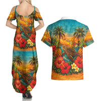 Hawaiian Turtles on Beach Couples Matching Summer Maxi Dress and Hawaiian Shirt with Pineapple Tropical Plant and Lei LT03 - Polynesian Pride