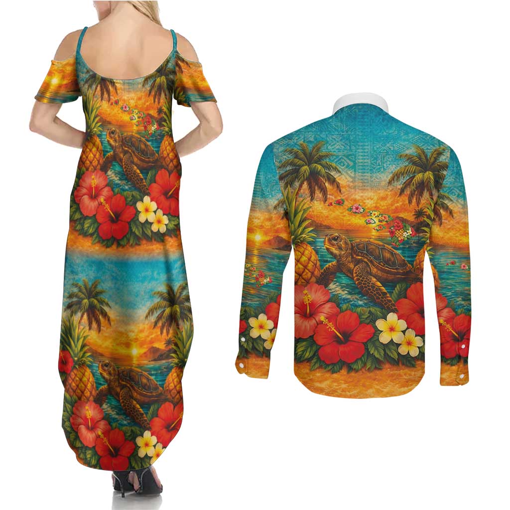 Hawaiian Turtles on Beach Couples Matching Summer Maxi Dress and Long Sleeve Button Shirt with Pineapple Tropical Plant and Lei LT03 - Polynesian Pride