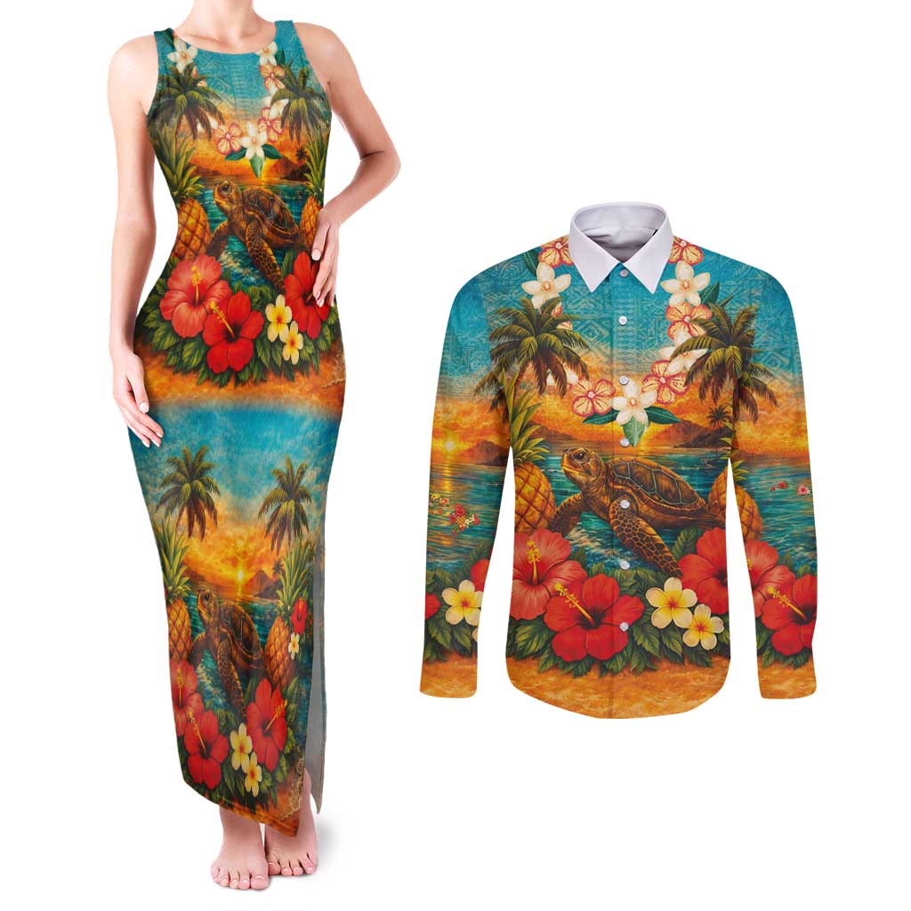 Hawaiian Turtles on Beach Couples Matching Tank Maxi Dress and Long Sleeve Button Shirt with Pineapple Tropical Plant and Lei