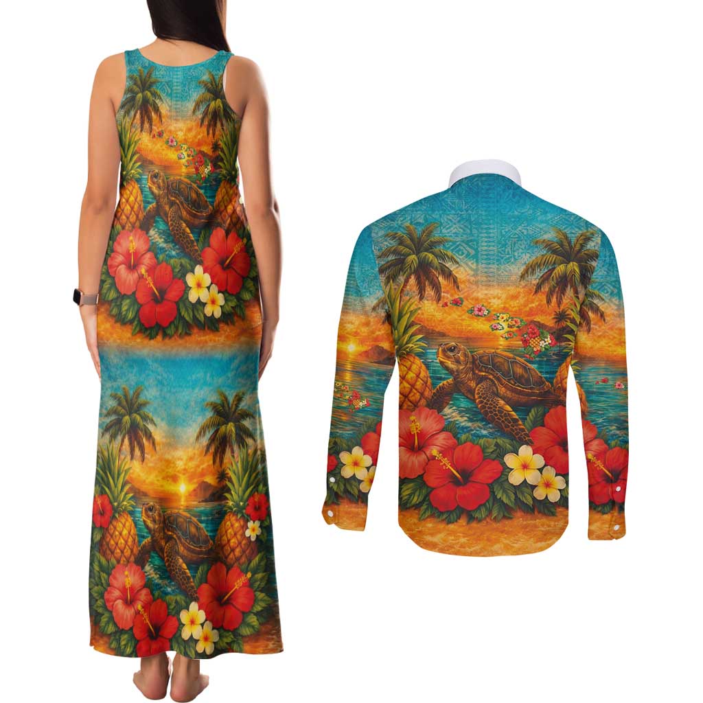 Hawaiian Turtles on Beach Couples Matching Tank Maxi Dress and Long Sleeve Button Shirt with Pineapple Tropical Plant and Lei LT03 - Polynesian Pride