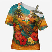 Hawaiian Turtles on Beach Cross Shoulder Shirt with Pineapple Tropical Plant and Lei