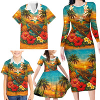 Hawaiian Turtles on Beach Family Matching Long Sleeve Bodycon Dress and Hawaiian Shirt with Pineapple Tropical Plant and Lei LT03 - Polynesian Pride