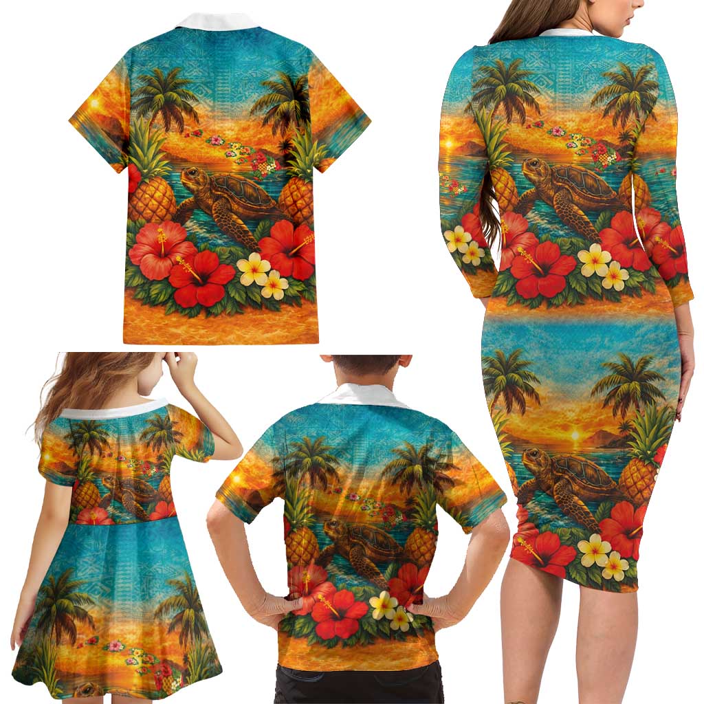 Hawaiian Turtles on Beach Family Matching Long Sleeve Bodycon Dress and Hawaiian Shirt with Pineapple Tropical Plant and Lei LT03 - Polynesian Pride