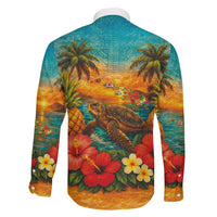 Hawaiian Turtles on Beach Family Matching Long Sleeve Bodycon Dress and Hawaiian Shirt with Pineapple Tropical Plant and Lei LT03 - Polynesian Pride