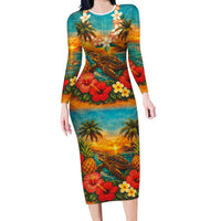 Hawaiian Turtles on Beach Family Matching Long Sleeve Bodycon Dress and Hawaiian Shirt with Pineapple Tropical Plant and Lei LT03 Mom's Dress Multicolor - Polynesian Pride