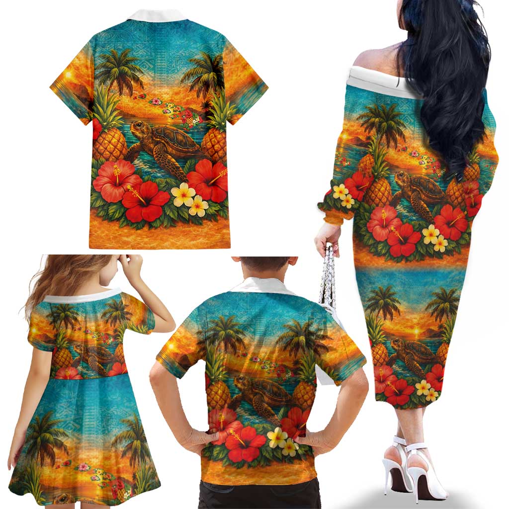 Hawaiian Turtles on Beach Family Matching Off The Shoulder Long Sleeve Dress and Hawaiian Shirt with Pineapple Tropical Plant and Lei LT03 - Polynesian Pride