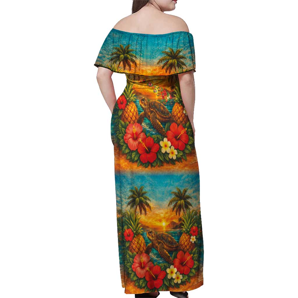 Hawaiian Turtles on Beach Family Matching Off Shoulder Maxi Dress and Hawaiian Shirt with Pineapple Tropical Plant and Lei LT03 - Polynesian Pride