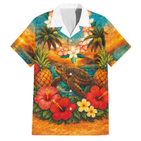 Hawaiian Turtles on Beach Family Matching Off Shoulder Short Dress and Hawaiian Shirt with Pineapple Tropical Plant and Lei LT03 Dad's Shirt - Short Sleeve Multicolor - Polynesian Pride