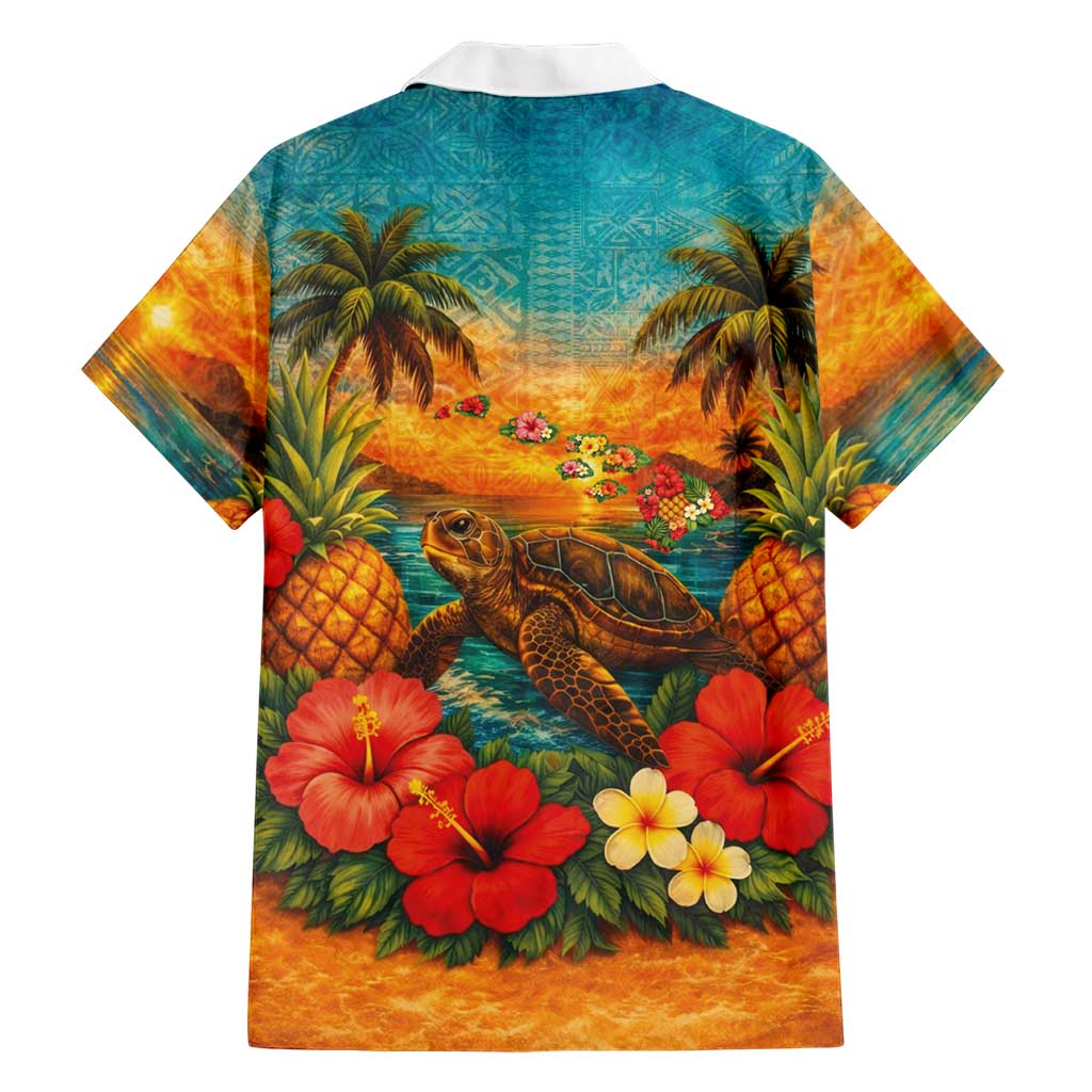 Hawaiian Turtles on Beach Family Matching Off Shoulder Short Dress and Hawaiian Shirt with Pineapple Tropical Plant and Lei LT03 - Polynesian Pride