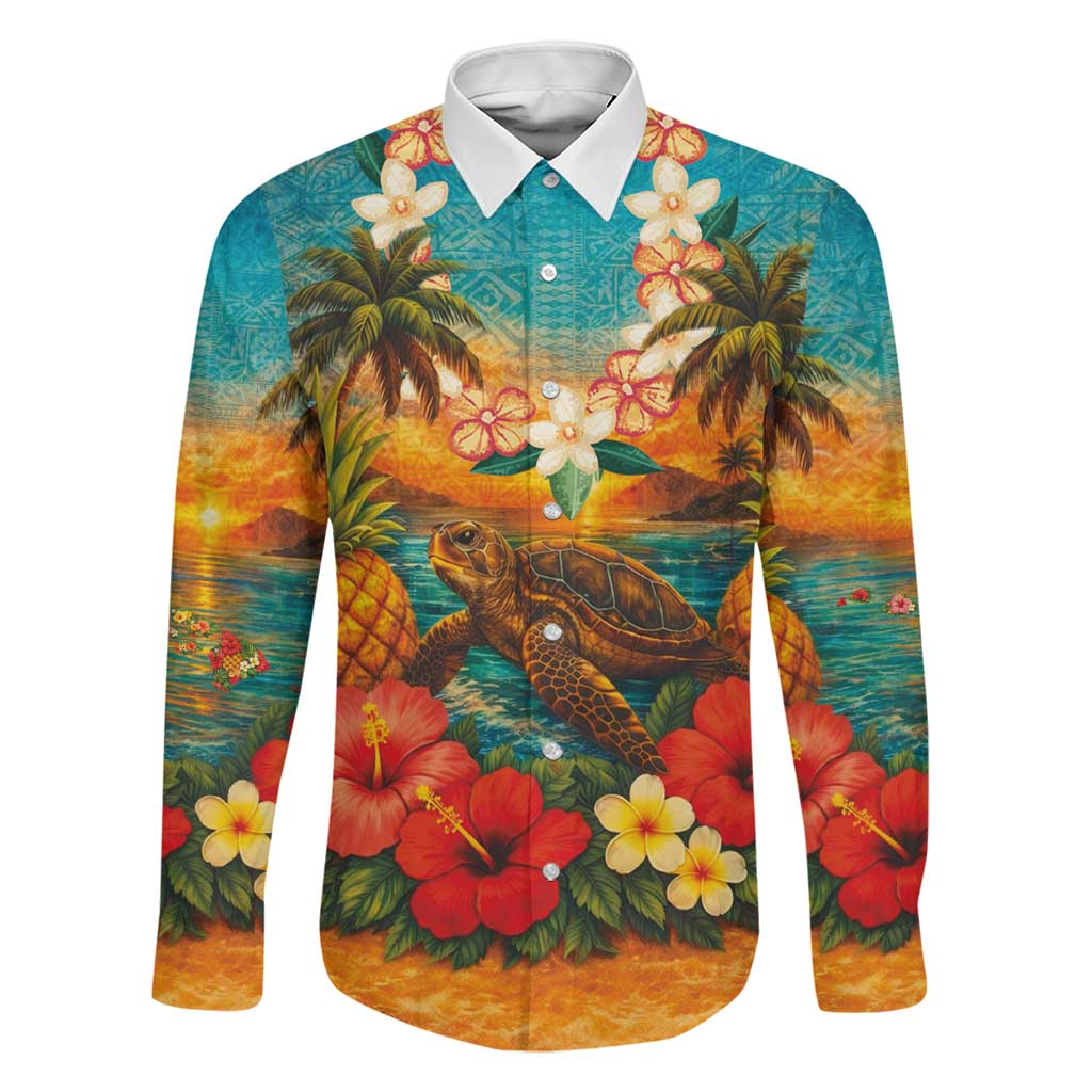 Hawaiian Turtles on Beach Family Matching Off Shoulder Short Dress and Hawaiian Shirt with Pineapple Tropical Plant and Lei LT03 Dad's Shirt - Long Sleeve Multicolor - Polynesian Pride