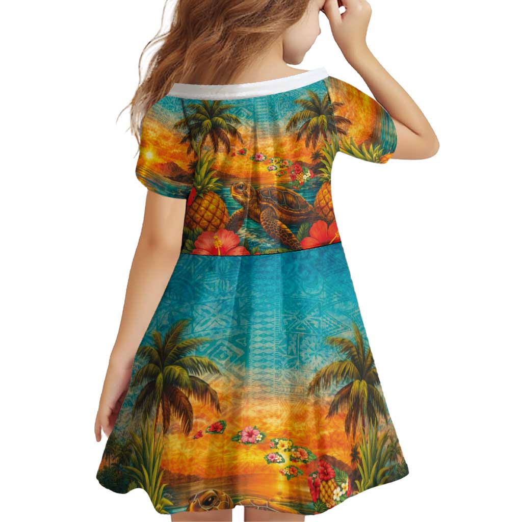 Hawaiian Turtles on Beach Family Matching Short Sleeve Bodycon Dress and Hawaiian Shirt with Pineapple Tropical Plant and Lei LT03 - Polynesian Pride