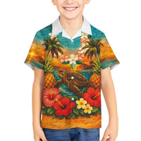 Hawaiian Turtles on Beach Family Matching Short Sleeve Bodycon Dress and Hawaiian Shirt with Pineapple Tropical Plant and Lei LT03 Son's Shirt Multicolor - Polynesian Pride