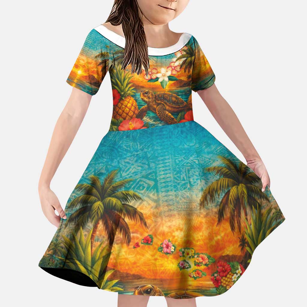 Hawaiian Turtles on Beach Family Matching Tank Maxi Dress and Hawaiian Shirt with Pineapple Tropical Plant and Lei LT03 Daughter's Dress Multicolor - Polynesian Pride