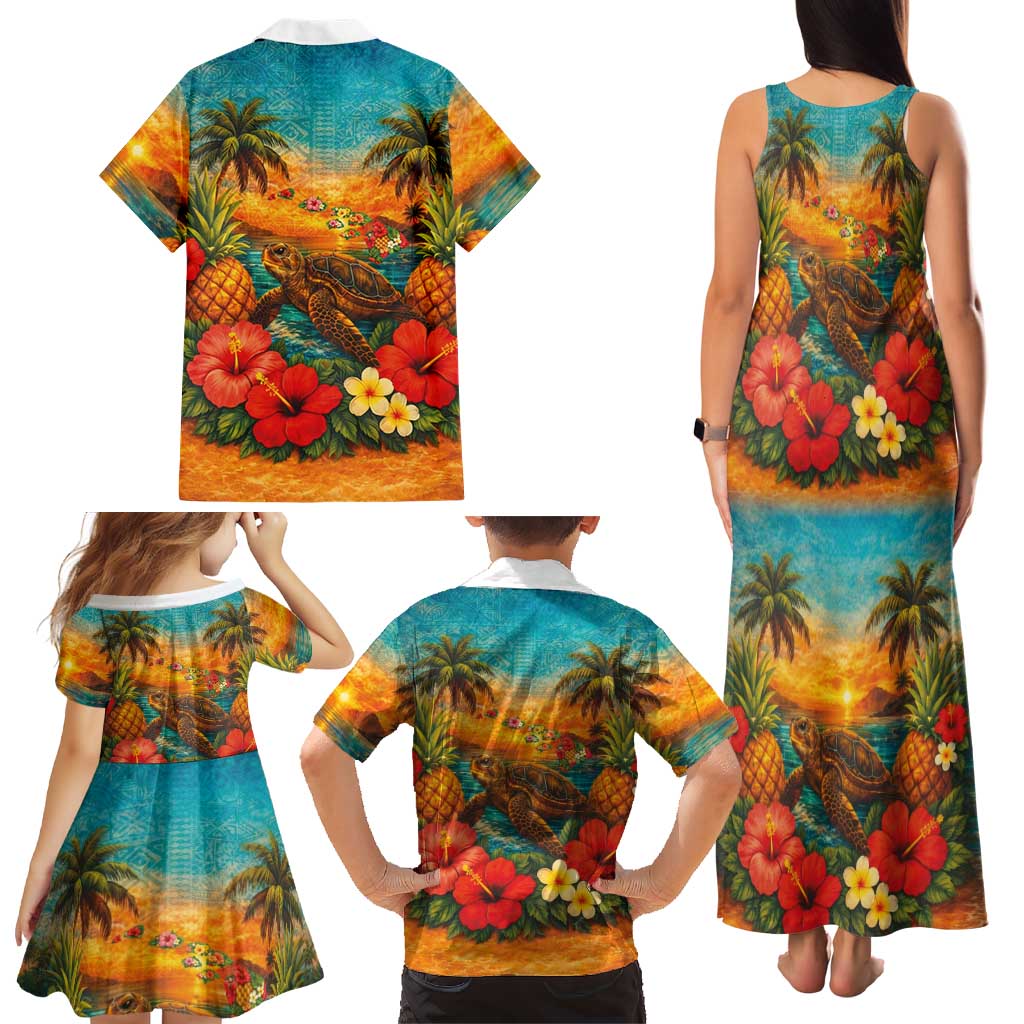 Hawaiian Turtles on Beach Family Matching Tank Maxi Dress and Hawaiian Shirt with Pineapple Tropical Plant and Lei LT03 - Polynesian Pride