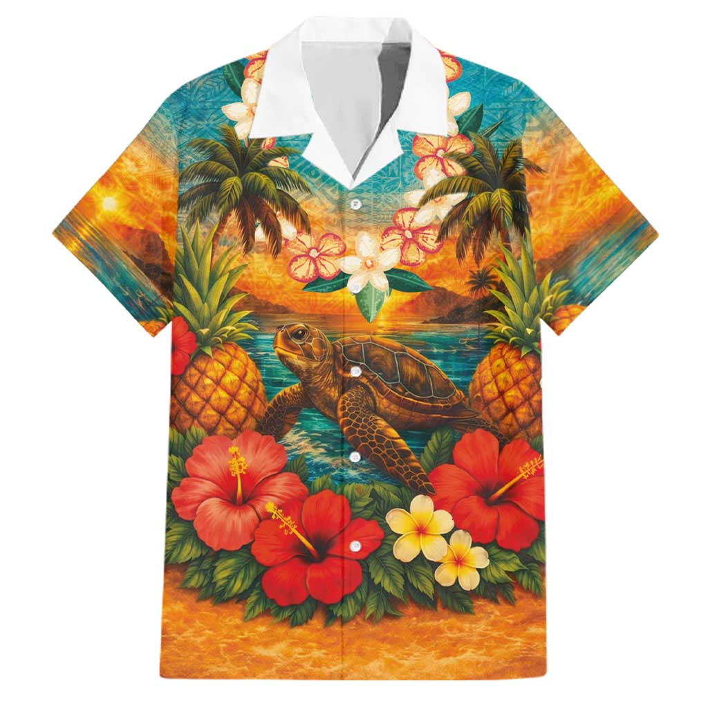 Hawaiian Turtles on Beach Family Matching Tank Maxi Dress and Hawaiian Shirt with Pineapple Tropical Plant and Lei LT03 Dad's Shirt - Short Sleeve Multicolor - Polynesian Pride
