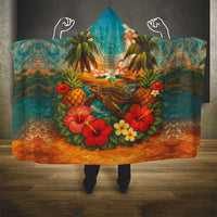 Hawaiian Turtles on Beach Hooded Blanket with Pineapple Tropical Plant and Lei