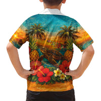 Hawaiian Turtles on Beach Kid Hawaiian Shirt with Pineapple Tropical Plant and Lei