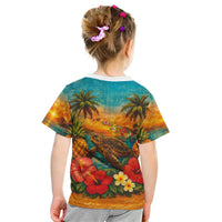 Hawaiian Turtles on Beach Kid T Shirt with Pineapple Tropical Plant and Lei