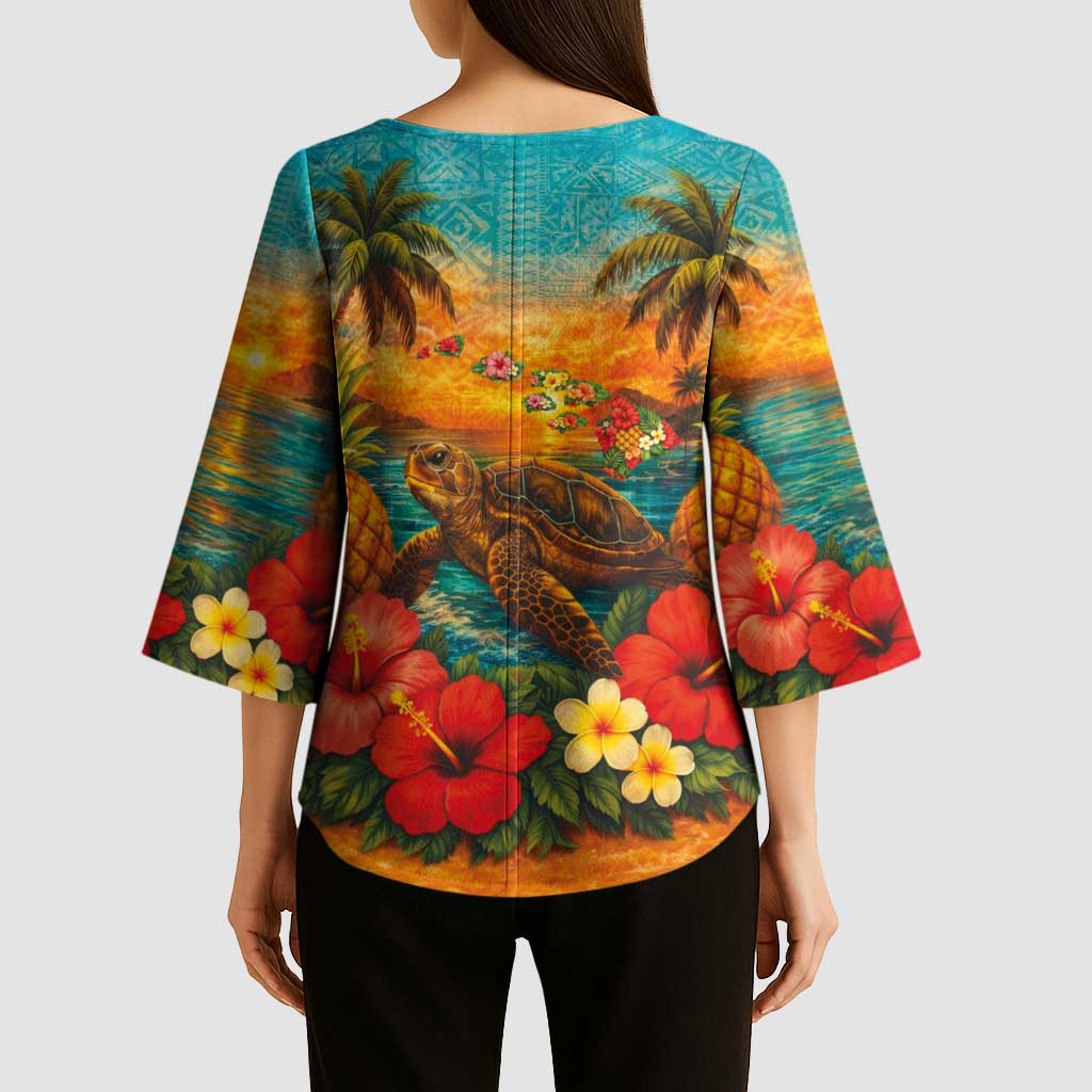 Hawaiian Turtles on Beach Kimono Sleeve Blouse with Pineapple Tropical Plant and Lei