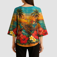 Hawaiian Turtles on Beach Kimono Sleeve Blouse with Pineapple Tropical Plant and Lei