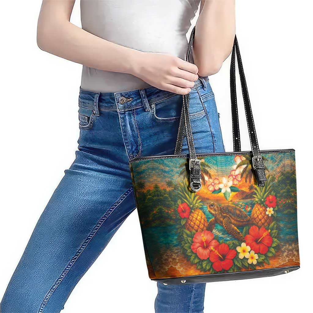 Hawaiian Turtles on Beach Leather Tote Bag with Pineapple Tropical Plant and Lei