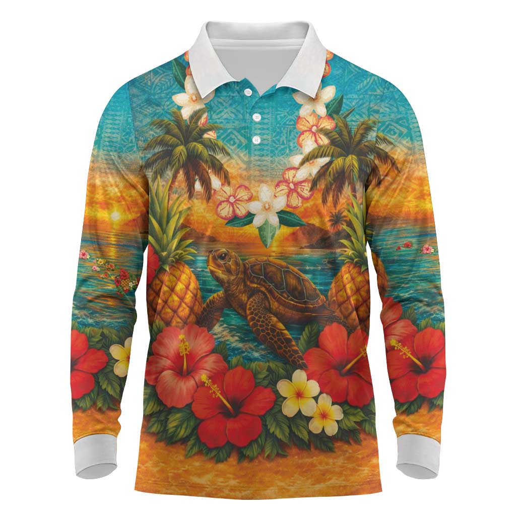 Hawaiian Turtles on Beach Long Sleeve Polo Shirt with Pineapple Tropical Plant and Lei