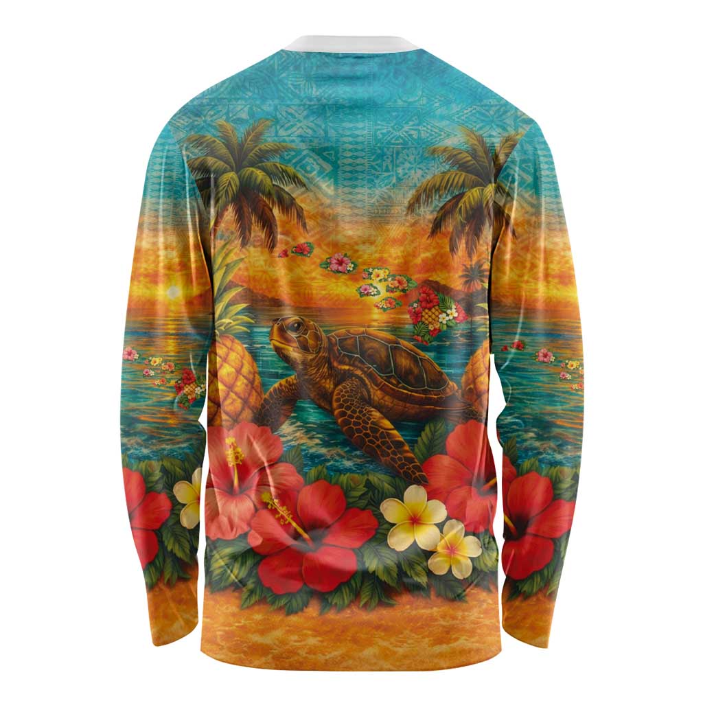 Hawaiian Turtles on Beach Long Sleeve Shirt with Pineapple Tropical Plant and Lei