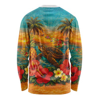 Hawaiian Turtles on Beach Long Sleeve Shirt with Pineapple Tropical Plant and Lei