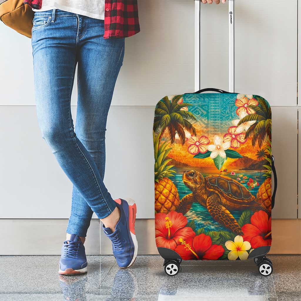 Hawaiian Turtles on Beach Luggage Cover with Pineapple Tropical Plant and Lei