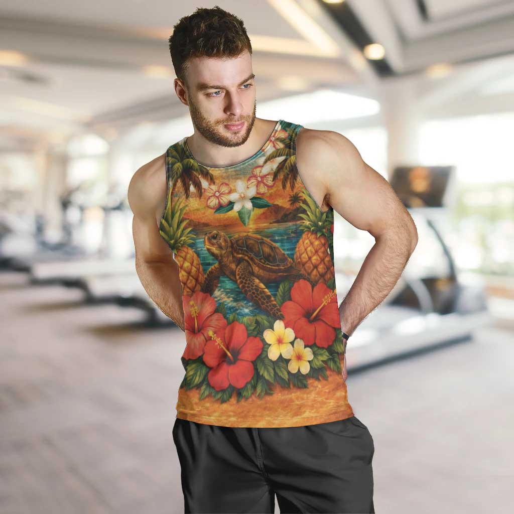 Hawaiian Turtles on Beach Men Tank Top with Pineapple Tropical Plant and Lei