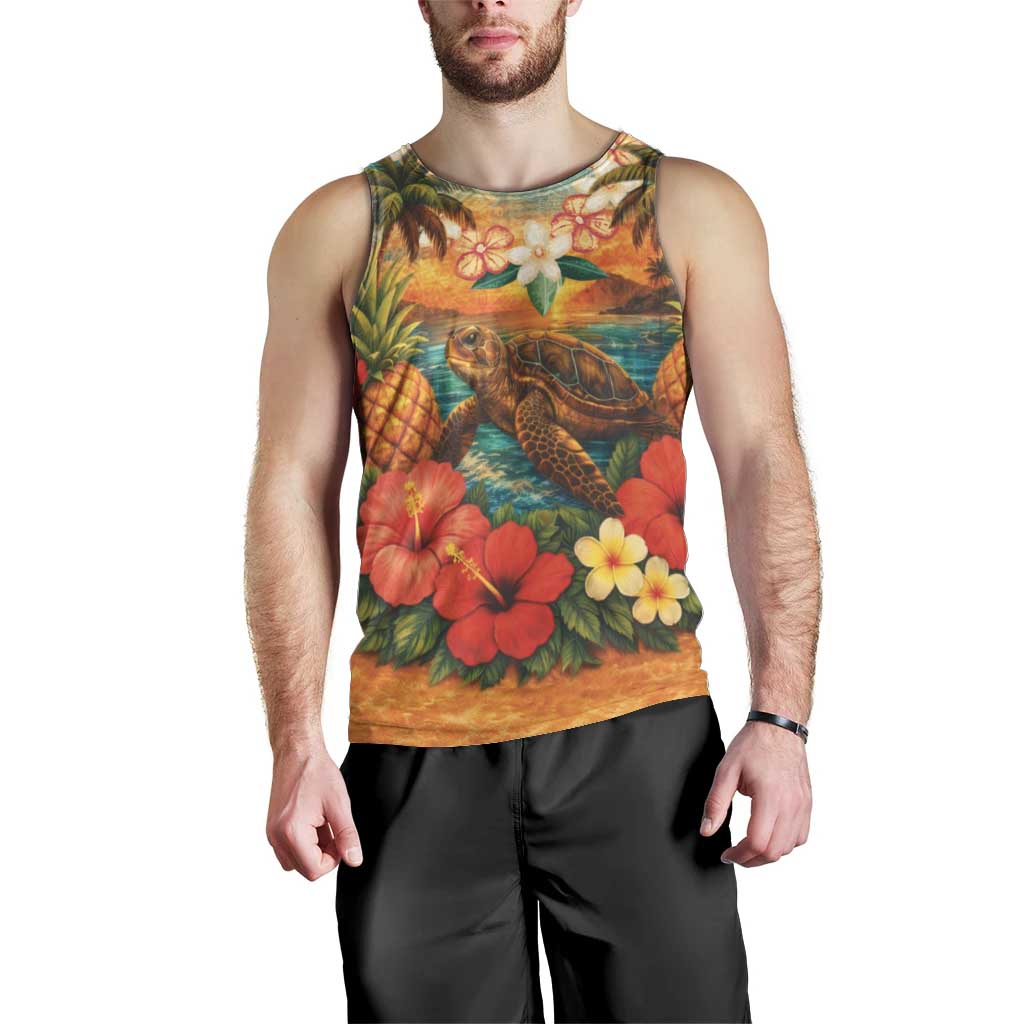 Hawaiian Turtles on Beach Men Tank Top with Pineapple Tropical Plant and Lei