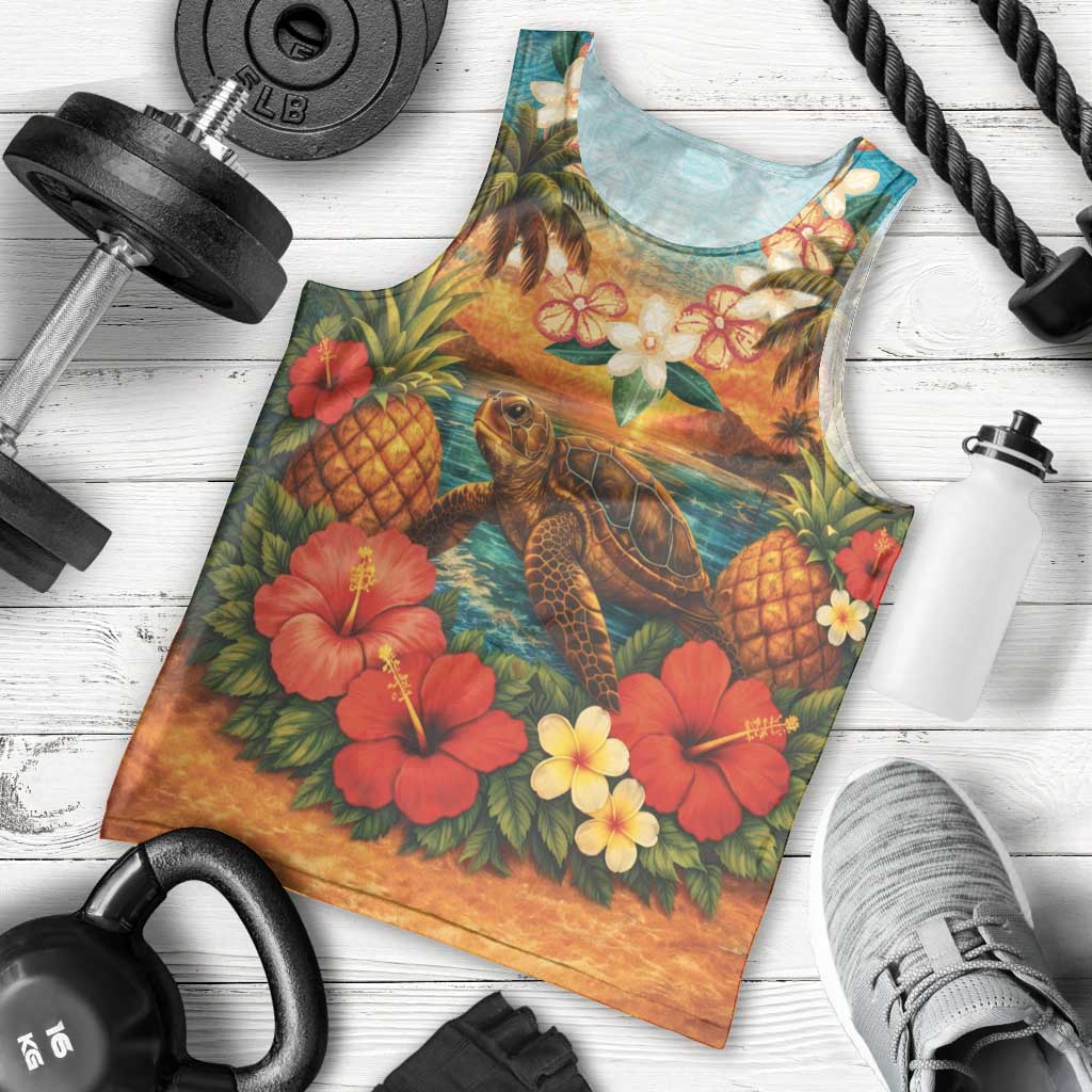 Hawaiian Turtles on Beach Men Tank Top with Pineapple Tropical Plant and Lei