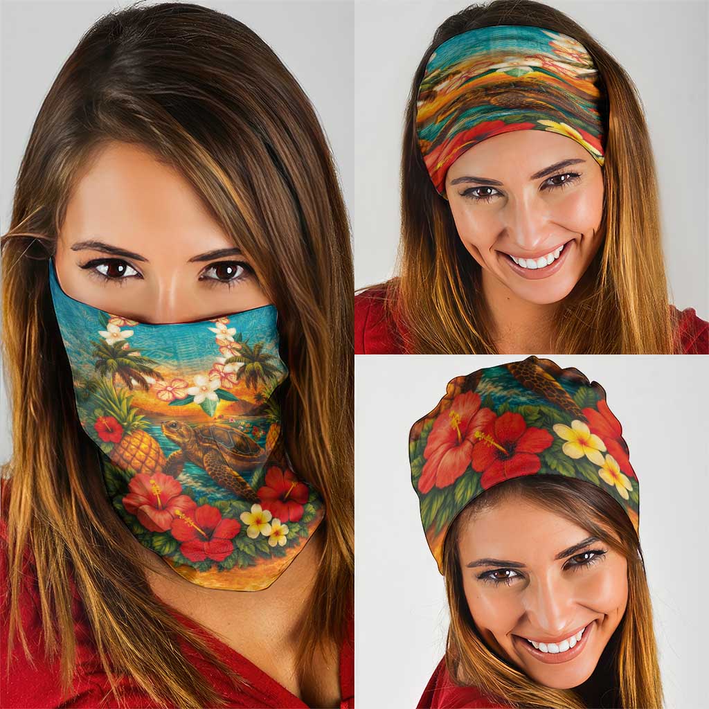 Hawaiian Turtles on Beach Neck Gaiter with Pineapple Tropical Plant and Lei