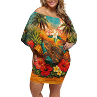 Hawaiian Turtles on Beach Off Shoulder Short Dress with Pineapple Tropical Plant and Lei LT03 Women Multicolor - Polynesian Pride