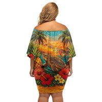 Hawaiian Turtles on Beach Off Shoulder Short Dress with Pineapple Tropical Plant and Lei LT03 - Polynesian Pride