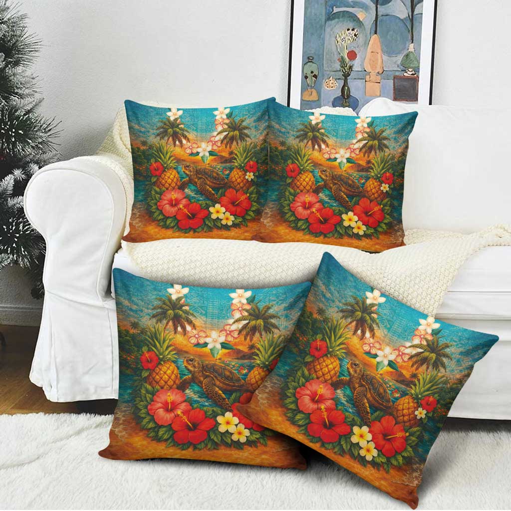 Hawaiian Turtles on Beach Pillow Cover with Pineapple Tropical Plant and Lei