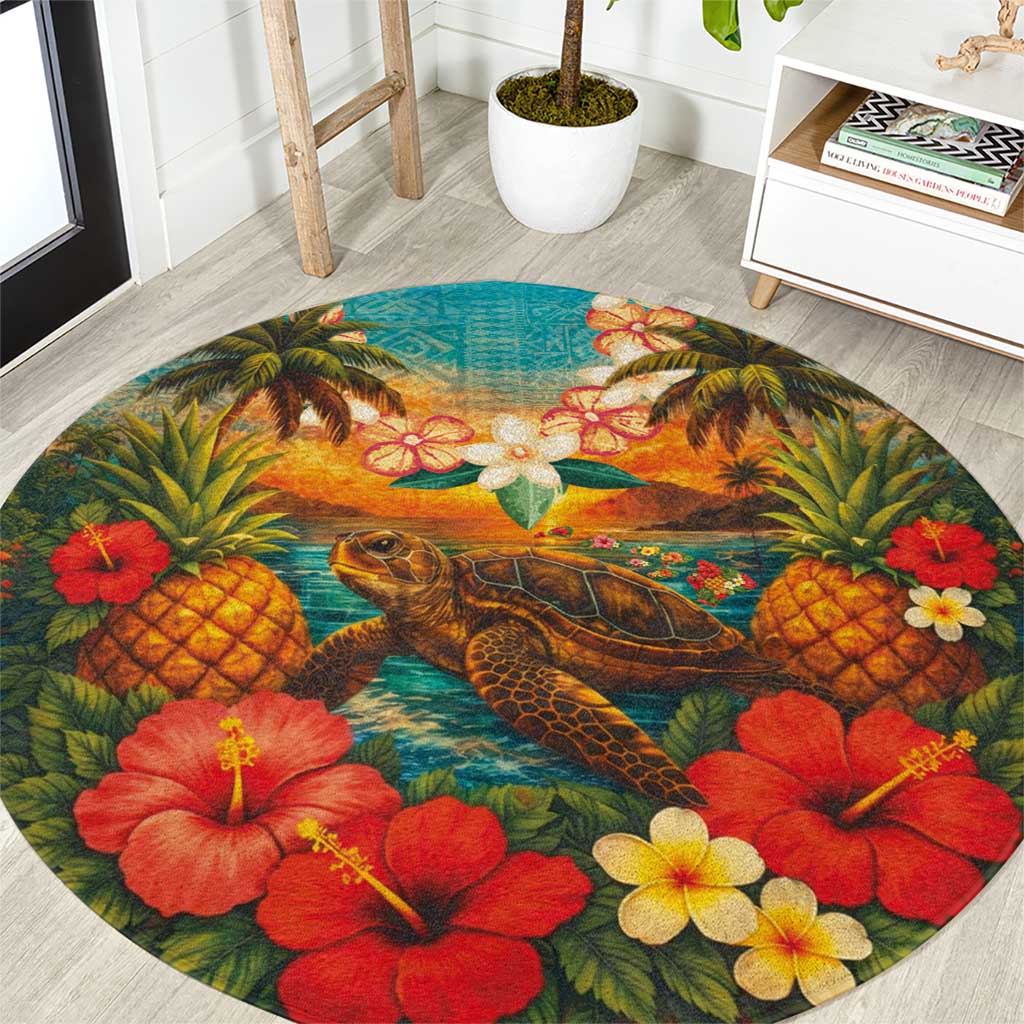 Hawaiian Turtles on Beach Round Carpet with Pineapple Tropical Plant and Lei