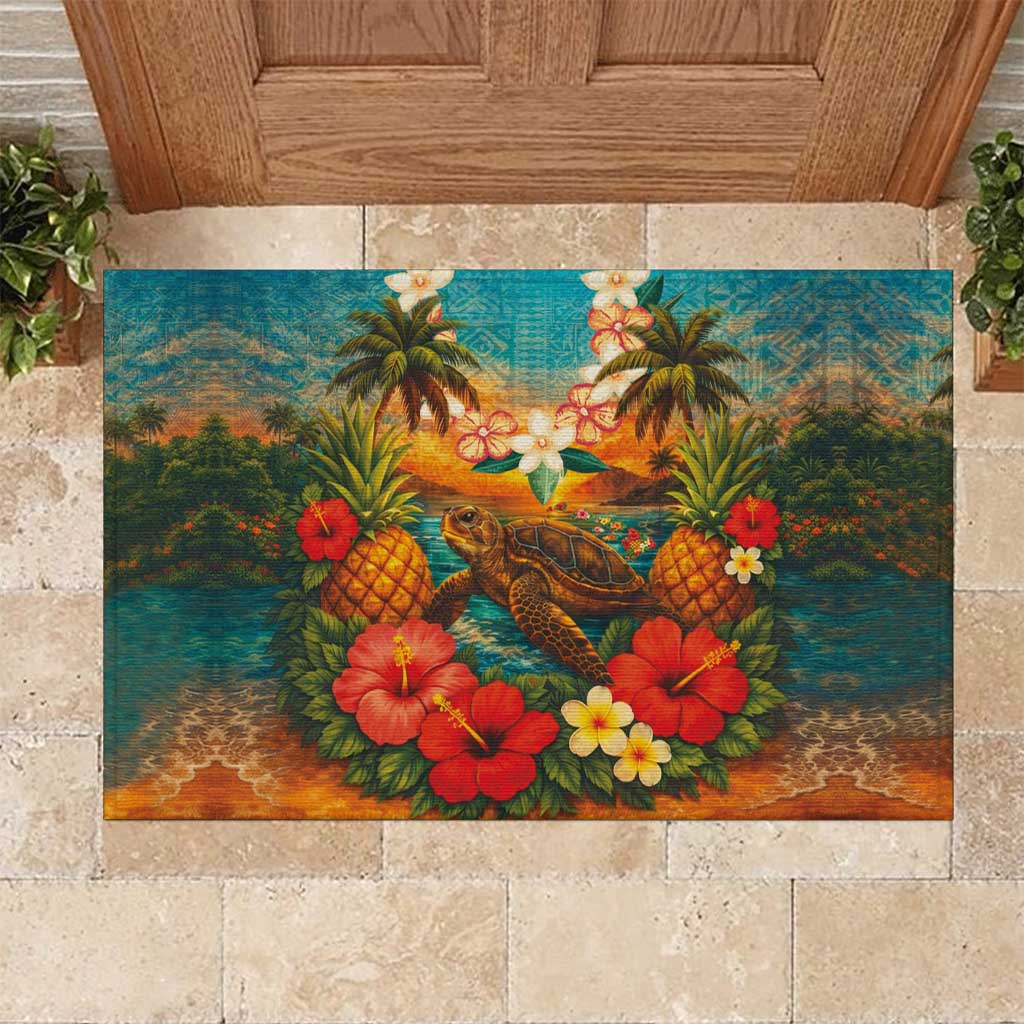 Hawaiian Turtles on Beach Rubber Doormat with Pineapple Tropical Plant and Lei