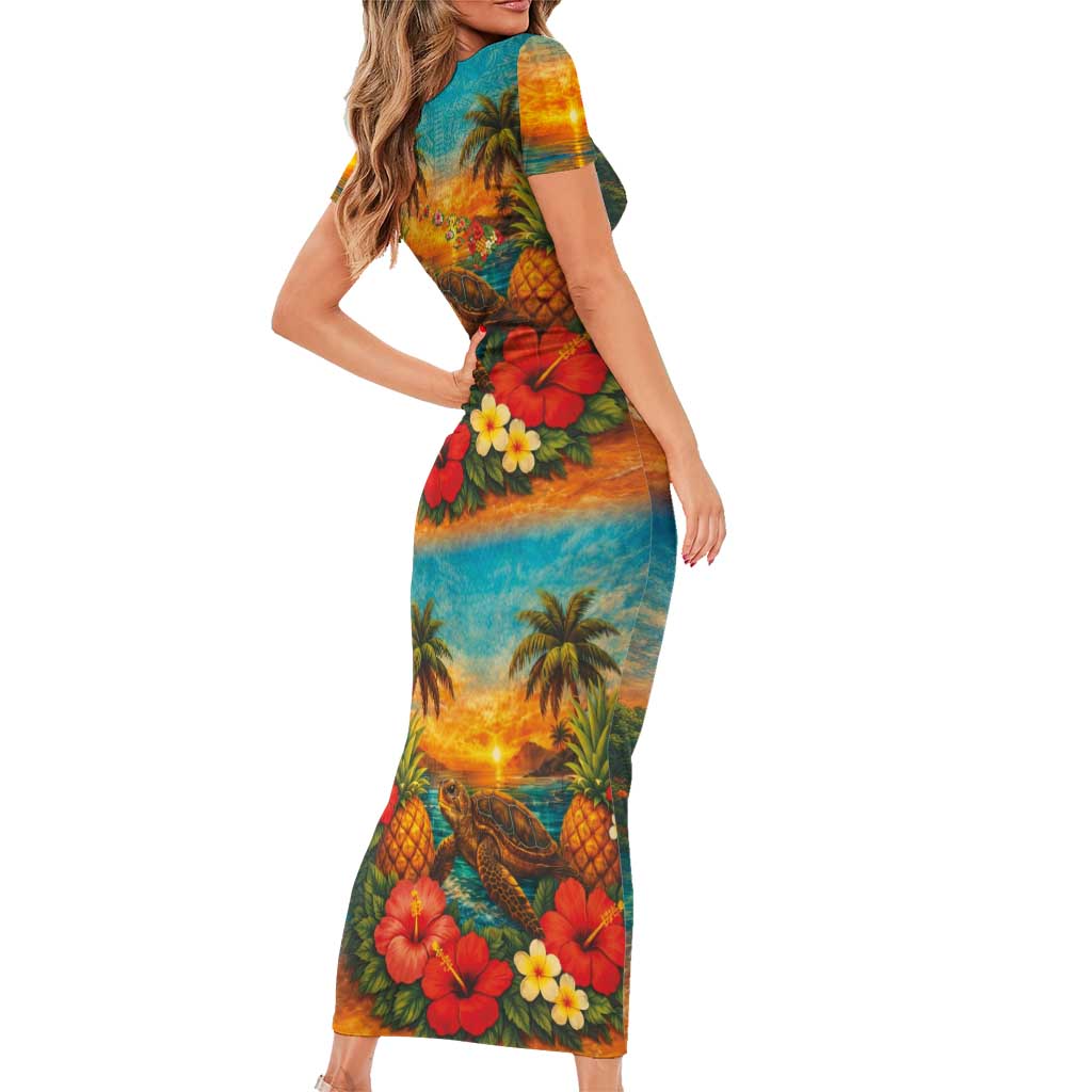 Hawaiian Turtles on Beach Short Sleeve Bodycon Dress with Pineapple Tropical Plant and Lei