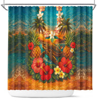 Hawaiian Turtles on Beach Shower Curtain with Pineapple Tropical Plant and Lei