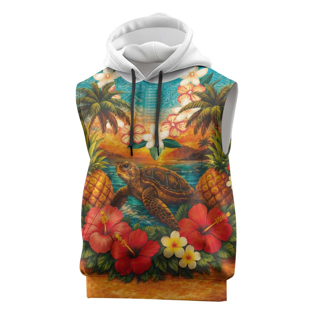 Hawaiian Turtles on Beach Sleeveless Hoodie with Pineapple Tropical Plant and Lei