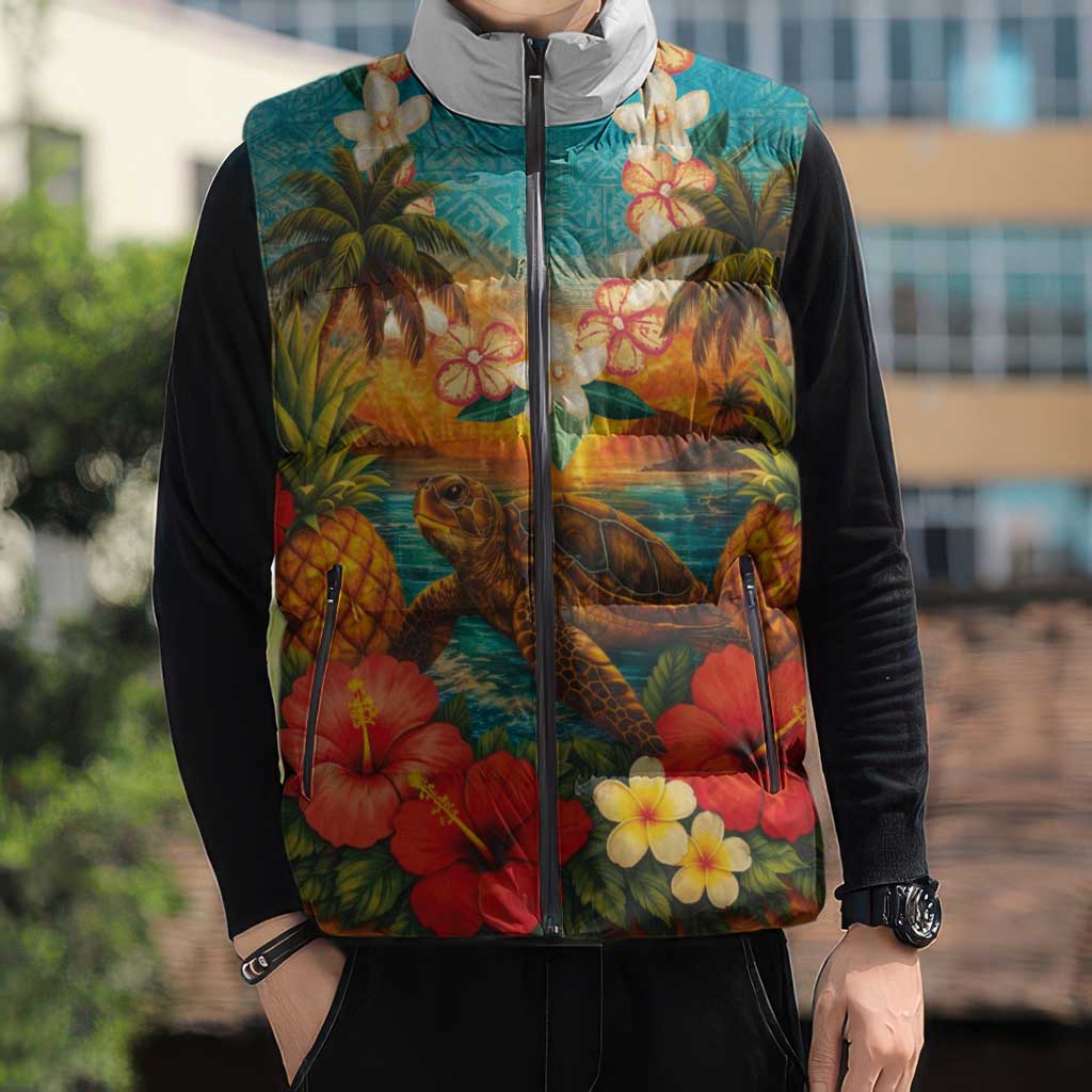 Hawaiian Turtles on Beach Sleeveless Puffer Jacket with Pineapple Tropical Plant and Lei