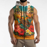 Hawaiian Turtles on Beach Sleeveless Zip Hoodie with Pineapple Tropical Plant and Lei