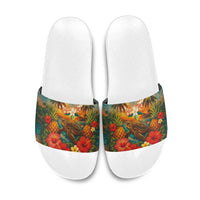 Hawaiian Turtles on Beach Slide Sandals with Pineapple Tropical Plant and Lei