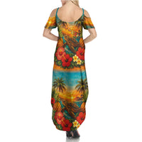 Hawaiian Turtles on Beach Summer Maxi Dress with Pineapple Tropical Plant and Lei